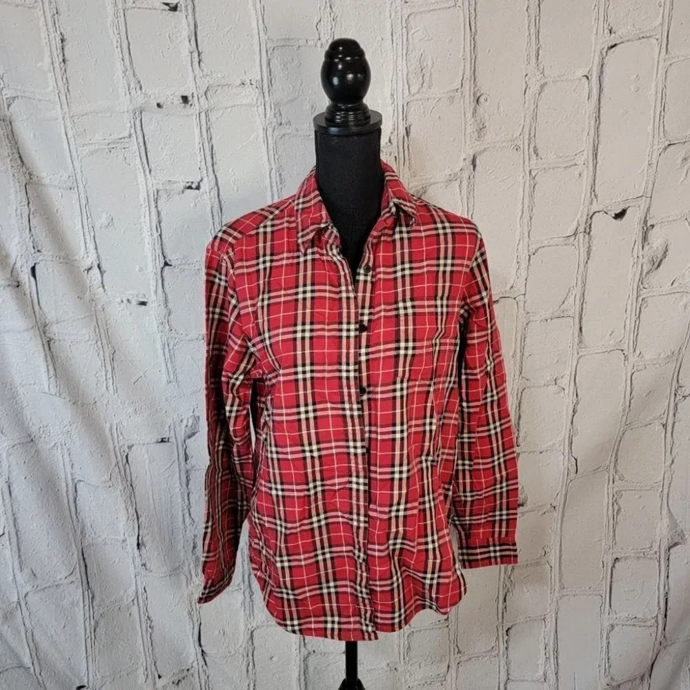 EVAN Picone red plaid Classic Button Down Blouse Relaxed Fit‎ Womens Top